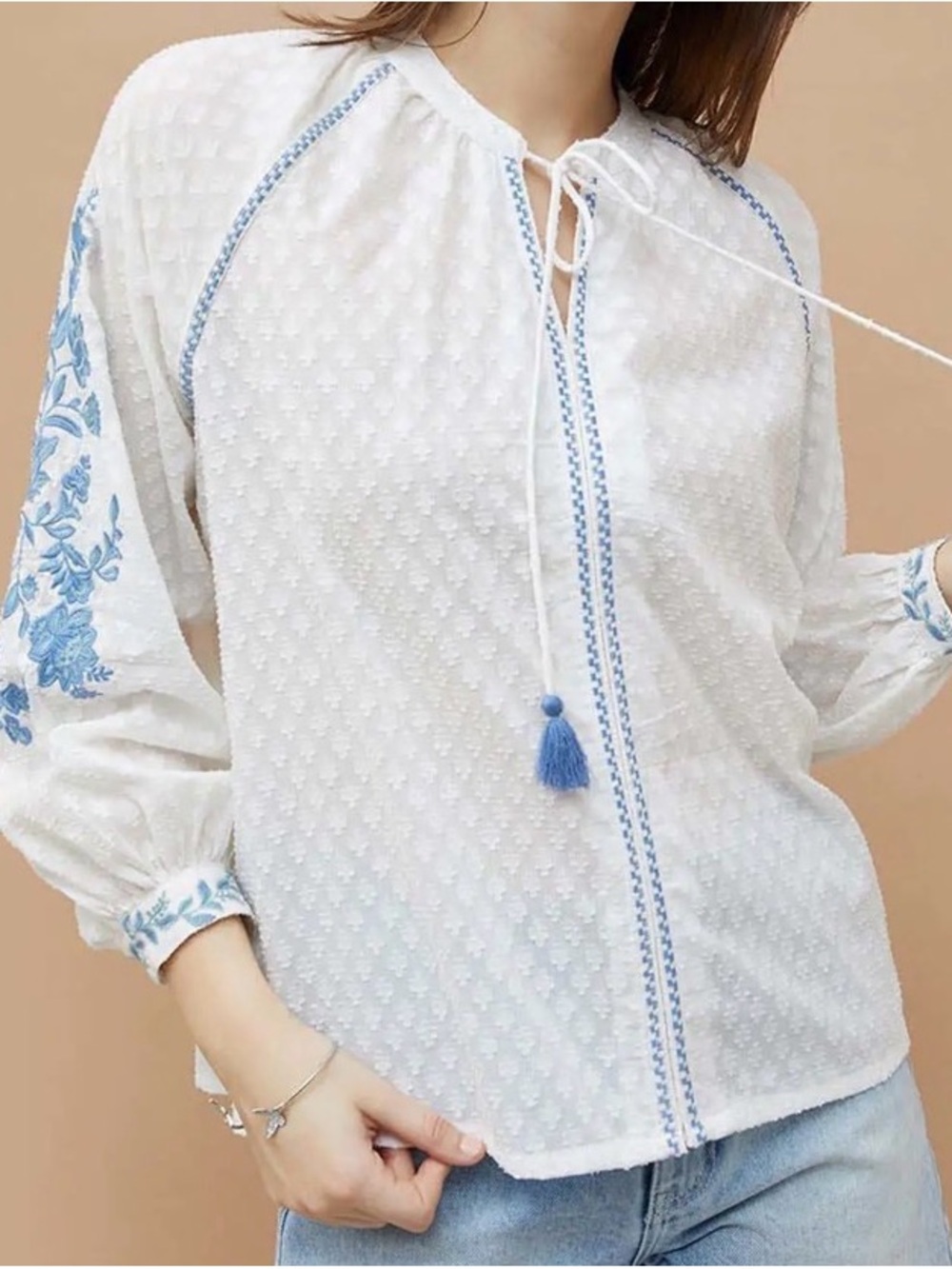 Melange White embroidered cotton blouse